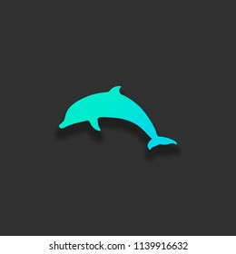 silhouette of dolphin. Colorful logo concept with soft shadow on dark background. Icon color of azure ocean