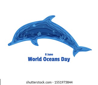 Silhouette of a dolphin cut out of paper. Papercut butterflyfish, jellyfish, moonfish, turtle. Craft underwater ocean cave with fishes, coral reef, seabed algae, waves. Vector World Ocean Day concept
