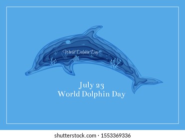 Silhouette of a dolphin cut out of paper. Papercut butterflyfish, jellyfish, moonfish, turtle. Craft underwater ocean cave with fishes, coral reef, seabed algae, waves. Vector World Ocean Day concept.