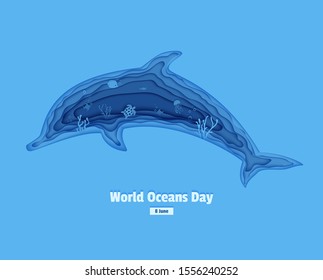 Silhouette of a dolphin cut out of paper. Papercut butterflyfish, jellyfish, moonfish, turtle. Craft underwater ocean cave with fishes, coral reef, seabed algae, waves. Vector World Ocean Day concept.