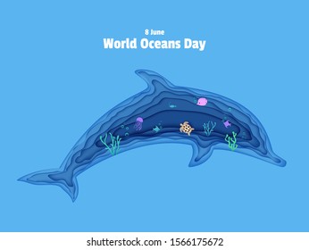 Silhouette of a dolphin cut out of paper. Papercut butterflyfish, jellyfish, moonfish, turtle. Craft underwater ocean cave with fishes, coral reef, seabed algae, waves. Vector World Ocean Day concept.