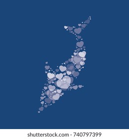 silhouette of dolphin filled with hearts of different sizes and degrees of transparency