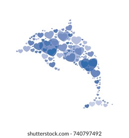 silhouette of dolphin filled with hearts of different sizes and degrees of transparency