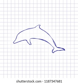 silhouette of dolphin. Hand drawn picture on paper sheet. Blue ink, outline sketch style. Doodle on checkered background