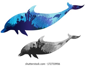 silhouette dolphin inside the seabed with corals, algae, fish and turtle, color and black and white versions, white background