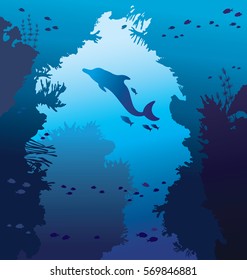 Silhouette of dolphin and nature underwater arch with coral reef and school of fish on a blue sea background. Vector illustration with marine life. Underwater seascape.