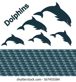 silhouette dolphin on the white background wave smile text
