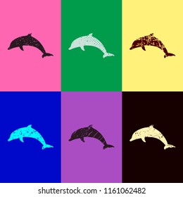 silhouette of dolphin. Pop art style. Scratched icons on 6 colour backgrounds. Seamless pattern