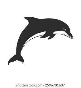Silhouette of a dolphin, rendered in a solid dark color against a clean white backdrop
