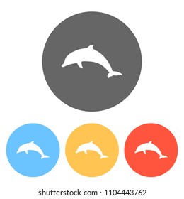 silhouette of dolphin. Set of white icons on colored circles
