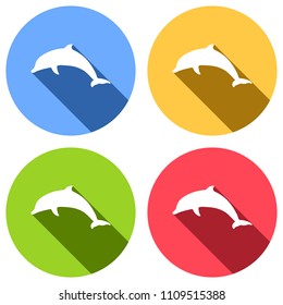 silhouette of dolphin. Set of white icons with long shadow on blue, orange, green and red colored circles. Sticker style