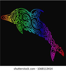 Silhouette of a dolphin in a tattoo style. Rainbow colors in black background. Creative colourful dolphin