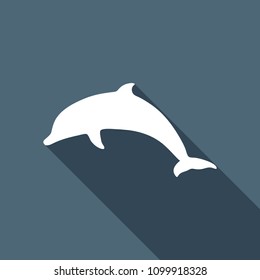 silhouette of dolphin. White flat icon with long shadow on background