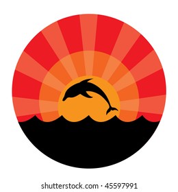 Silhouette of dolphins at sunset. Vector illustration
