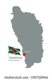 Silhouette of Dominica country map. Gray editable map with waving national flag and Roseau city capital, North America country territory borders vector illustration on white background