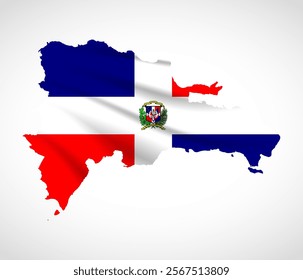 Silhouette of Dominican Republic map filled with the national flag design, symbolizing pride, cultural heritage, and geographic identity.  
