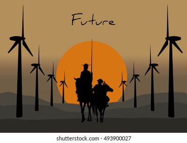 Silhouette of Don Quixote de la Mancha, of Cervantes spanish novelist, with windmills and sunset