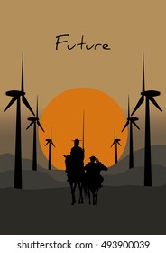 Silhouette of Don Quixote de la Mancha, of Cervantes spanish novelist, with windmills and sunset