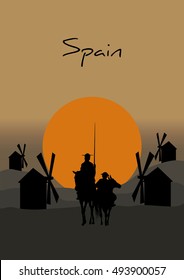 Silhouette of Don Quixote de la Mancha, of Cervantes spanish novelist, with windmills and sunset