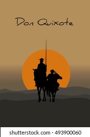 Silhouette of Don Quixote de la Mancha, of Cervantes spanish novelist, with windmills and sunset