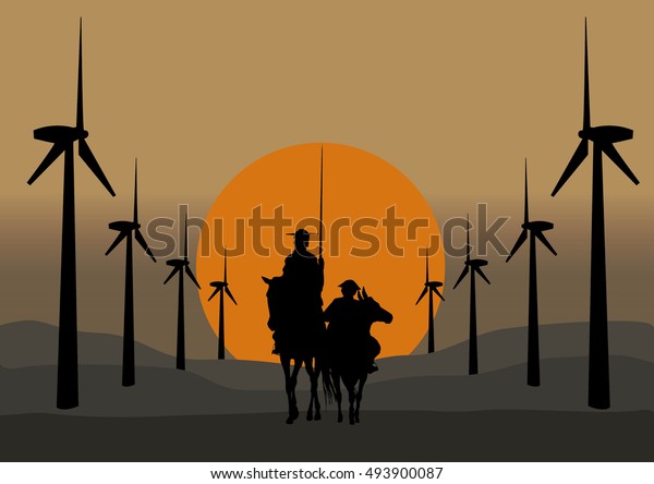 セルバンテスのスペイン作家 ドン キホーテ ド ラ マンチャの風車と夕日のシルエット のベクター画像素材 ロイヤリティフリー