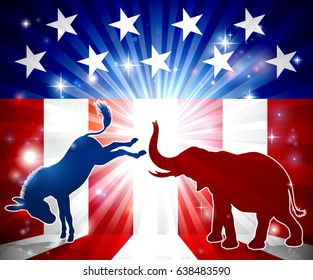 A silhouette donkey and an elephant with an American flag in the background 