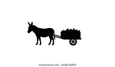 Silhouette: Donkey Pulling Wooden Cart with Produce  Rural Transport