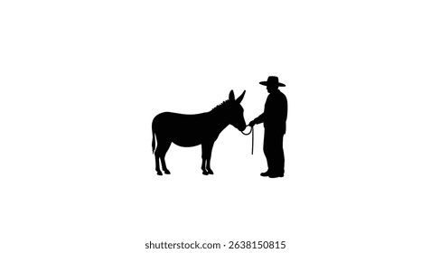 Silhouette: Donkey Standing with Farmer Holding Reins