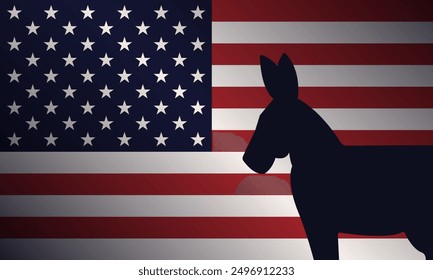 Una silueta de un burro, símbolo del Partido Demócrata, sobre el fondo de la bandera estadounidense, destacando la presencia del partido en el panorama político de los Estados Unidos de América