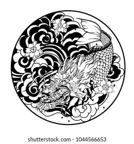 Silhouette and doodle art koi dragon fish with cherry blossom on water wave and cloud background.Dragon head and koi carp fish in circle design for tattoo