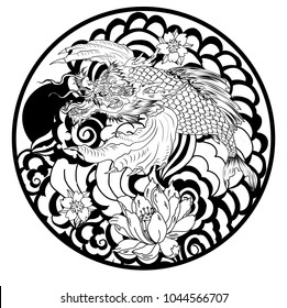 Silhouette and doodle art koi dragon fish with cherry blossom on water wave and cloud background.Dragon head and koi carp fish in circle design for tattoo