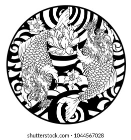 Silhouette and doodle art koi dragon fish with cherry blossom on water wave and cloud background.Dragon head and koi carp fish in circle design for tattoo