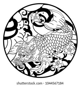 Silhouette and doodle art koi dragon fish with cherry blossom on water wave and cloud background.Dragon head and koi carp fish in circle design for tattoo