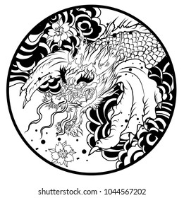 Silhouette and doodle art koi dragon fish with cherry blossom on water wave and cloud background.Dragon head and koi carp fish in circle design for tattoo