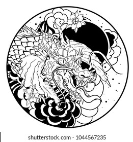 Silhouette and doodle art koi dragon fish with cherry blossom on water wave and cloud background.Dragon head and koi carp fish in circle design for tattoo