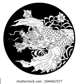 Silhouette and doodle art koi dragon fish with cherry blossom on water wave and cloud background.Dragon head and koi carp fish in circle design for tattoo