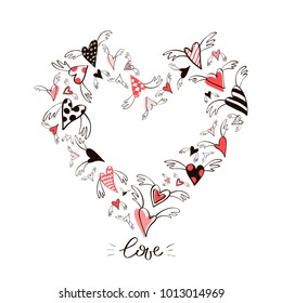 Silhouette of doodle flying hearts.Vector