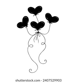 Silhouette, doodles of balloons of hearts. Vector graphics.