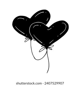 Silhouette, doodles of balloons of hearts. Vector graphics.