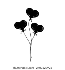 Silhouette, doodles of balloons of hearts. Vector graphics.