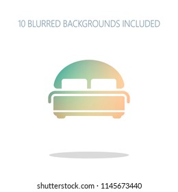 Silhouette of double bed. Double hotel room. Colorful logo concept with simple shadow on white. 10 different blurred backgrounds included
