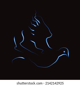 Silhouette of a dove bird on a black background with neon effect