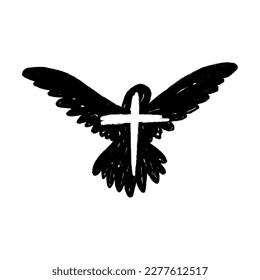 Silhouette of a dove with a cross. Symbol of Christianity hand painted in grunge style. Vector illustration isolated on white background.