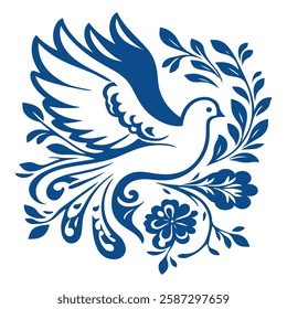 Silhouette of a dove decorated with flowers and leaves. Elegant and symbolic design representing peace, nature and harmony. Isolated on white background. Vector