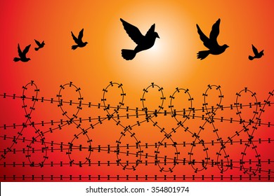 Silhouette of dove fly above barbed wire cage.