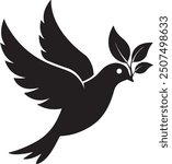 silhouette dove isolated dove logo with olive leaf branch in dove flying peace mouth, white and transparent background.dove black icon, simple flat image cartoon.