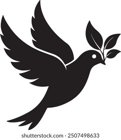 silhouette dove isolated dove logo with olive leaf branch in dove flying peace mouth, white and transparent background.dove black icon, simple flat image cartoon.