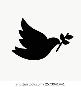 Silhouette of a dove with an olive branch, symbolizing peace. Peaceful dove icon, olive branch in beak, representing harmony and peace. Simple icon vector element. Harmony concept.