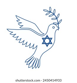 The silhouette of the dove of peace in the colors of the flag of Israel. A bird of peace with an olive branch in its beak is a symbol of peace. Vector illustration.