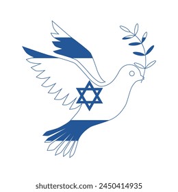 La silueta de la paloma de la paz en los colores de la bandera de Israel. Un pájaro de paz con una rama de olivo en su pico es un símbolo de paz. Ilustración vectorial.